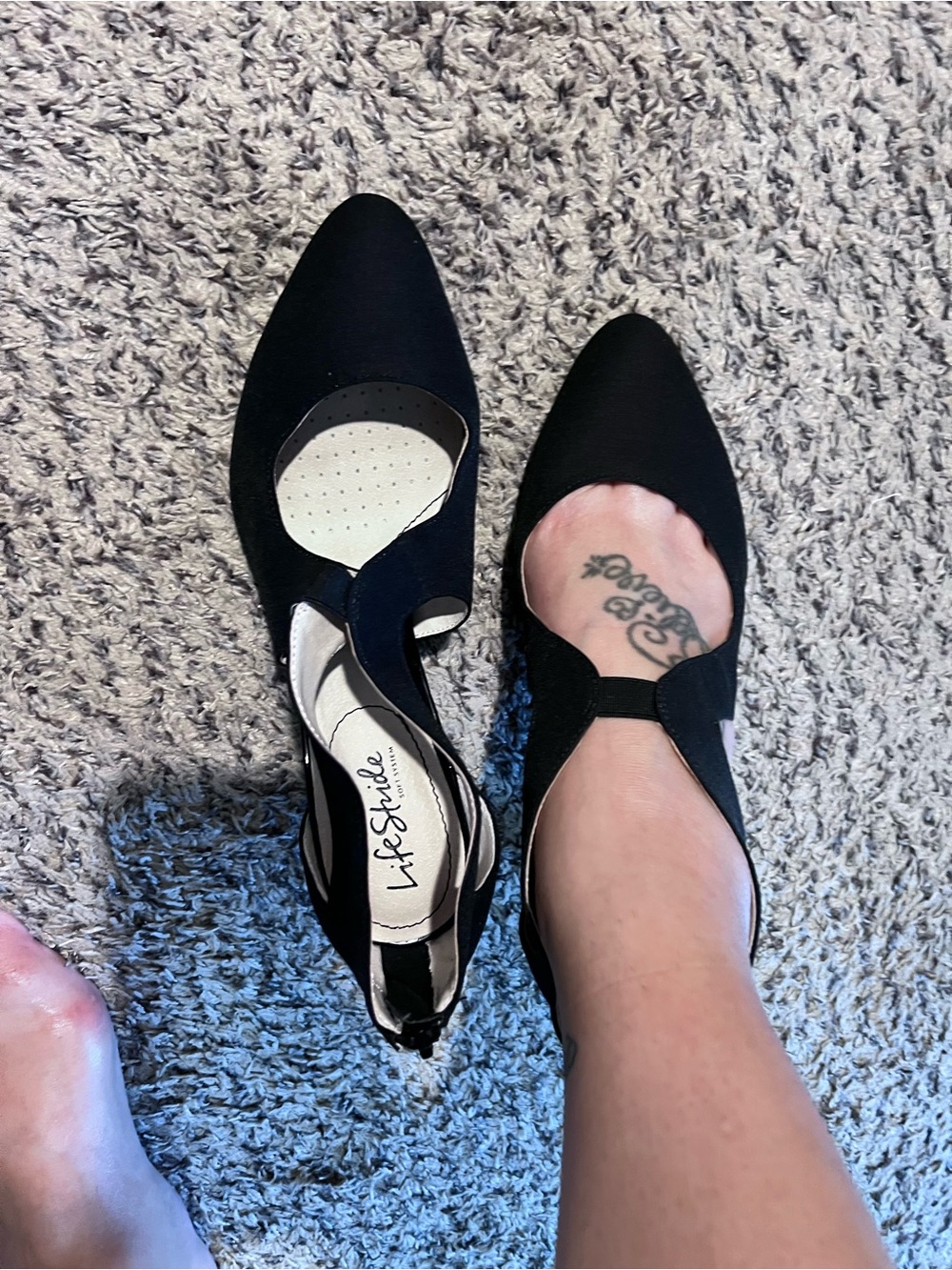 Life Stride Black Pointed-Toe T-Strap Flats